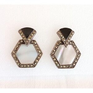 Vintage Sterling Silver MOP Marcasites Earrings Black Onyx Art Deco Drop NF 925